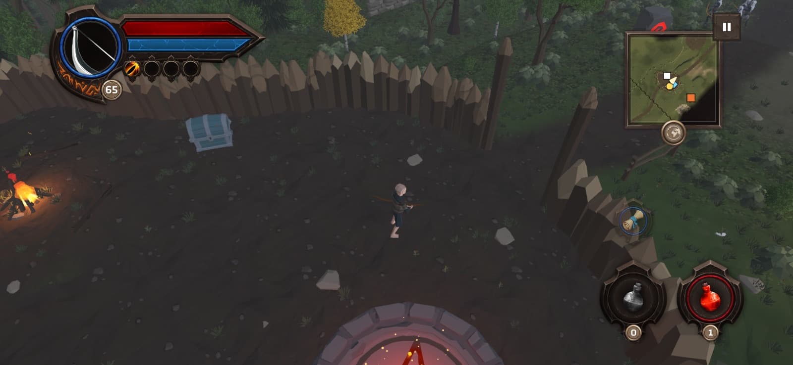Hrdina v opevněném táboře, u palisády hoří vatra